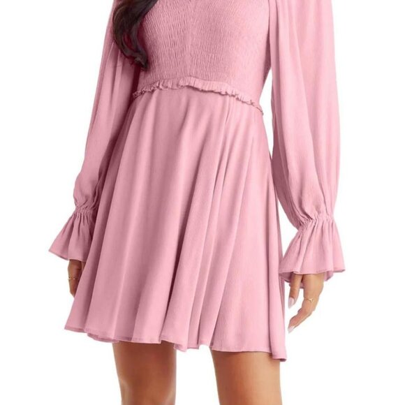*NEW* Long Sleeve Smocked V Neck Elastic Waist Mini Babydoll Dress - Picture 2 of 2